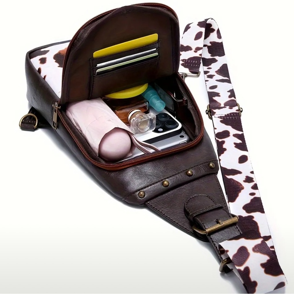 Vegan Leather Studded Vintage Cow Print Crossbody Bag - Picture 6 of 10